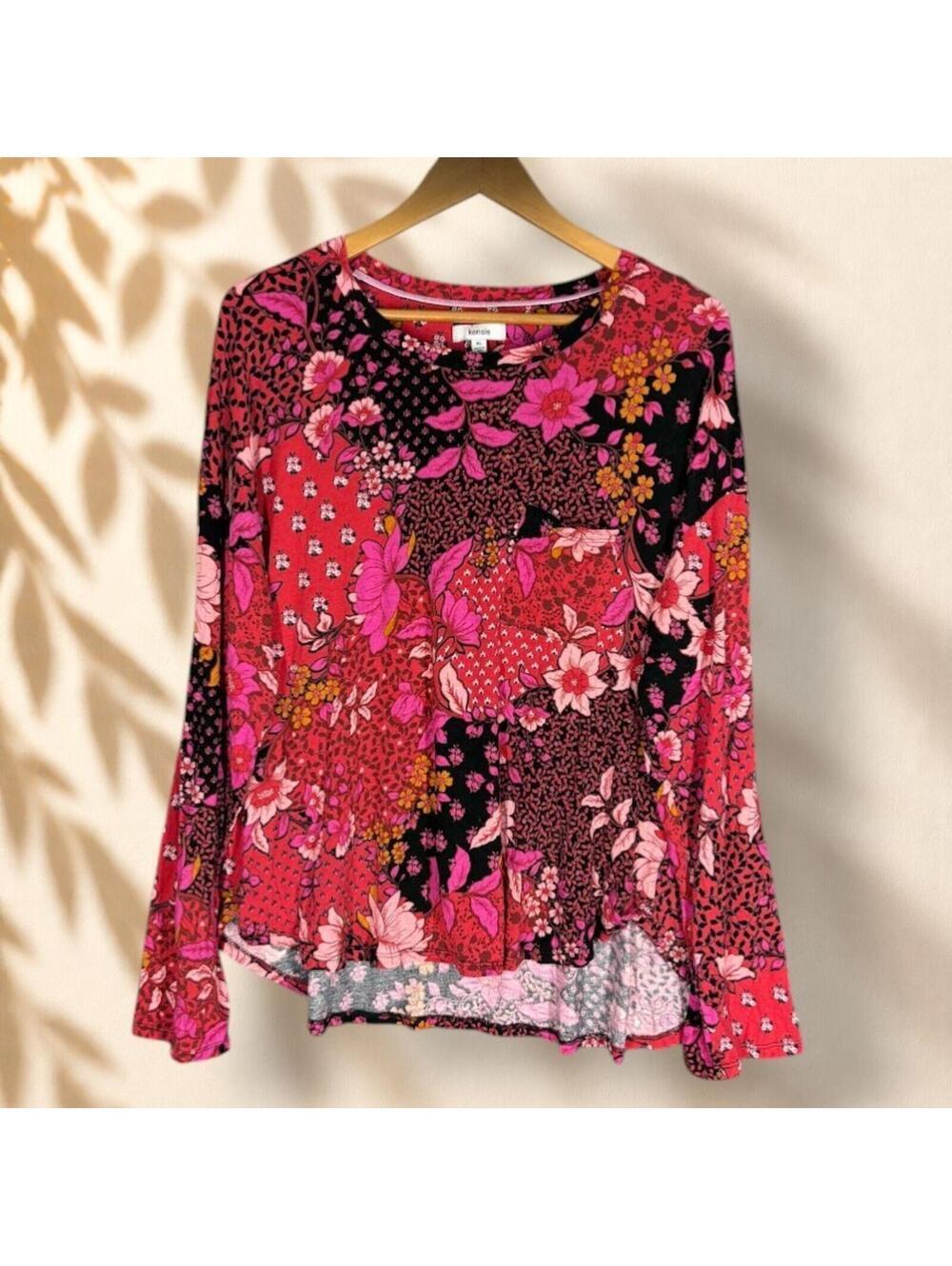 Kensie T-Shirt Women XL Pink Floral Long Sleeve Round Neck Pullover Casual